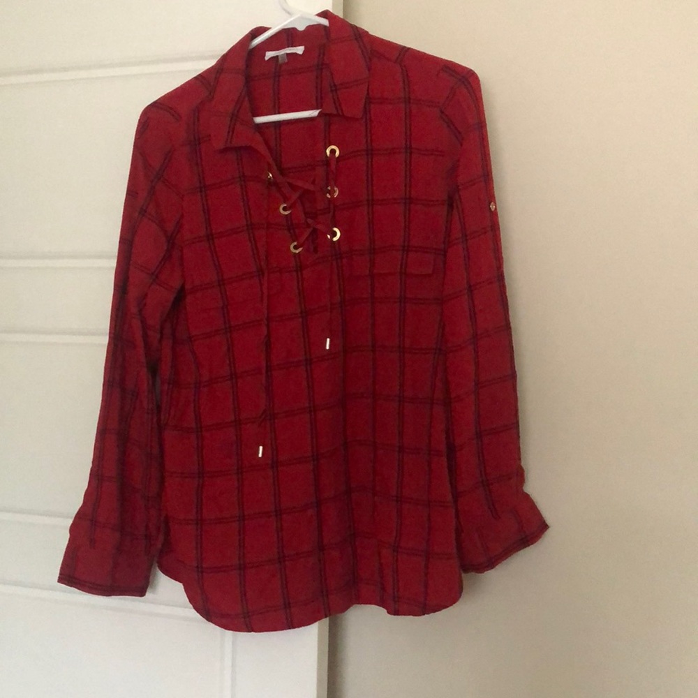 Calvin Klein 3/4 sleeved Lace-Up Tunic Blouse in red plaid